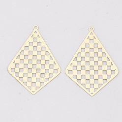 Light Gold Brass Pendants, Etched Metal Embellishments, Long-Lasting Plated, Kite with Tartan Pattern, Light Gold, 44.5x32x0.3mm, Hole: 1.8mm