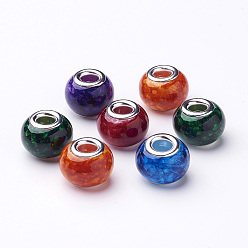 Mixed Color Spray Painted Glass European Beads, with Silver Color Plated Brass Core, Large Hole Beads, Rondelle, Mixed Color, 14~15x11mm, Hole: 4.5~5mm