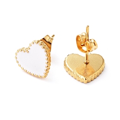Golden 304 Stainless Steel Stud Earrings, with Enamel and Ear Nuts, Heart, White, Golden, 9.5x10.5x1.5mm, Pin: 0.6mm, 6pairs/card