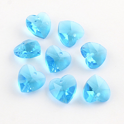 Deep Sky Blue Transparent Glass Heart Pendants, Faceted, Deep Sky Blue, 14x14x8mm, Hole: 1.5mm