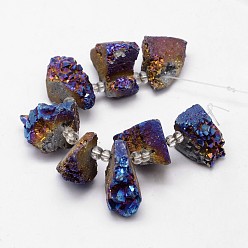 Blue Electroplated Natural Agate Bead Strands, Druzy Agate, Nuggets, Dyed, Blue, 22~37x14~17x17~21mm, Hole: 1.5mm, about 8pcs/strand, 5 inch