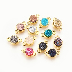 Mixed Color Brass Links connectors, with Druzy Resin, Flat Round, Golden, Mixed Color, 12x7.5x4~4.5mm, Hole: 1mm