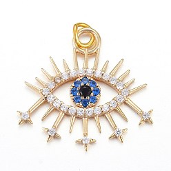 Real 18K Gold Plated Brass Micro Pave Cubic Zirconia Pendants, with Jump Rings, Eye, Blue, Real 18K Gold Plated, 19.7x21.1x2mm, Jump Ring: 4.4x0.6mm, Hole: 3.2mm