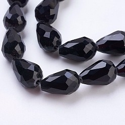 Black Glass Beads Strands, Faceted, teardrop, Black, 15x10mm, Hole: 2mm, about 48pcs/strand, 27.56 inch(70cm)