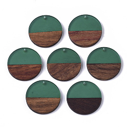 Sea Green Transparent Resin & Walnut Wood Pendants, Flat Round, Sea Green, 28.5x3.5~4mm, Hole: 1.5mm