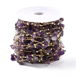 Amethyst Handmade Beaded Chain, with Brass Cable Chain & Chip Natural Amethyst Link Chain, Long-Lasting Plated, Soldered, Golden, 3~8x3~16mm, 32.80Feet/roll(10m/roll)