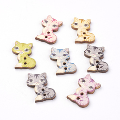 (52) Непрозрачная лаванда 2 отверстия печатных деревянные кнопки, кошка, разноцветные, 27x17x2 мм, отверстие : 1.5 мм