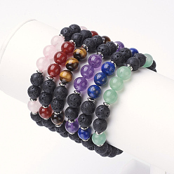 Mixed Stone Gemstone Stretch Bracelets, with Brass Bead Spacers, Round, 2 inch(52mm), 6strands/set