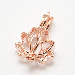Rose Gold Brass Diffuser Locket Pendants, Cage Pendants, Lotus, Cadmium Free & Lead Free, Rose Gold, 20x14x9mm, Hole: 3x4mm, inner size: 10mm