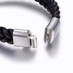 Black Leather Braided Cord Bracelets, 304 Stainless Steel Magnetic Clasp, Rectangle, Black, 8-5/8 inch(22cm), 13x6mm