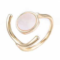 Real 18K Gold Plated Natural Shell Flat Round Open Cuff Ring, Brass Jewelry for Women, Nickel Free, Real 18K Gold Plated, US Size 4 1/2(15.2mm)