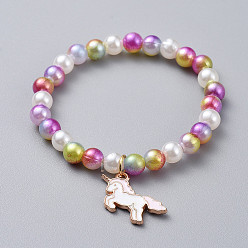 Mixed Color Acrylic & ABS Plastic Imitation Pearl Beads Stretch Bracelets, with Alloy Enamel Pendants, Unicorn, Light Gold, Mixed Color, 1-5/8 inch(4.3cm)