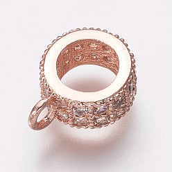 Rose Gold Brass Cubic Zirconia Tube Bails, Loop Bails, Bail Beads, Ring, Clear, Rose Gold, 11x8.5x4mm, Hole: 1mm