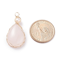 Rose Quartz Natural Rose Quartz Copper Wire Wrapped Pendants, with Grade A Natural Cultured Freshwater Pearl, Real 18K Gold Plated, Teardrop, 38~43x19~19.5x8~8.5mm, Hole: 3.5~3.8mm