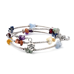 Pierre Mélangete Trois boucles de pierres précieuses naturelles bracelets d'emballage perles, avec des perles tubulaires en laiton et des pendentifs symbole om de style tibétain, 55mm