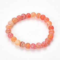 Coral Natural Weathered Agate Beaded Stretch Bracelets, Frosted, Dyed, Round, Coral, 2-1/8 inch(55mm)