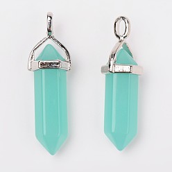 Aquamarine Bullet Imitation Jade Glass Pointed Pendants, with Alloy Findings, Aquamarine, 39x12mm, Hole: 3x4mm