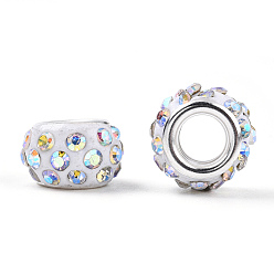 Cristal AB Argile polymère strass perles européennes, Perles avec un grand trou   , rondelle, avec noyaux en laiton plaqué couleur argent, cristal ab, 10~12x7~8mm, Trou: 5mm