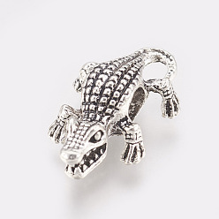 Antique Silver Alloy European Beads, Large Hole Beads, Crocodile/Alligator, Antique Silver, 24x15x8mm, Hole: 5mm