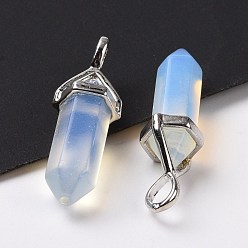 Opalite Opalite Pendants, Faceted, with Platinum Tone Brass Findings, Lead free & Cadmium Free, Bullet, 27~30x9~10x7~8mm, Hole: 4x3mm