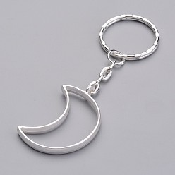 Couleur Argent Mat Porte-clés pendentifs en alliage, avec les accessoires en fermoir clés en fer, lune, argent mat, 84mm