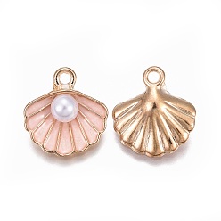 Pink Zinc Alloy Enamel Pendants, with ABS Plastic Imitation Pearl, Shell, Light Gold, Pink, 15.5x14.5x6mm, Hole: 2mm