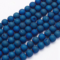 Blue Plated Electroplate Natural Druzy Agate Beads Strands, Round, Frosted, Blue Plated, 8mm, Hole: 1mm, about 45~48pcs/strand, 14.9 inch(38cm)