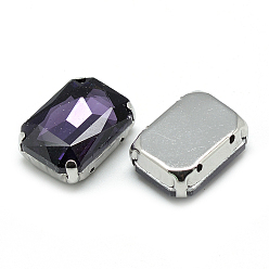 Purple Sew on Rhinestone, Multi-strand Links, Glass Rhinestone, with Brass Prong Settings, Garments Accessoriess, Faceted, Octagon, Platinum, Purple, 10x8x5mm, Hole: 0.8~1mm