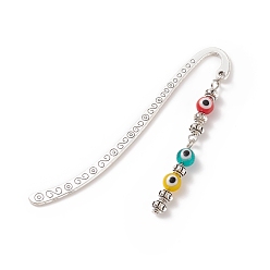Mixed Color Tibetan Style Alloy Bookmarks/Hairpins, Pendant Book Marker, with Handmade Evil Eye Lampwork Round Beads, Mixed Color, 83x14x1.5mm