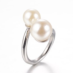 Mixed Color 304 Stainless Steel Finger Rings, with Imitation Pearl, Size 6~9, Mixed Color, 16~19mm