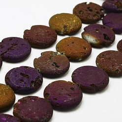 Purple Plated Electroplated Natural Druzy Geode Crystal Beads Strands, Flat Round, Dyed, Purple Plated, 30x7~8mm, Hole: 2mm, about 7pcs/strand, 8.26 inch(21cm)
