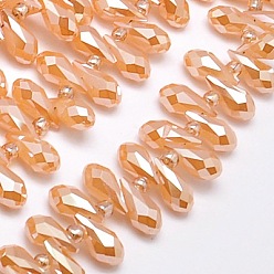 PeachPuff Electroplate Glass Beads Strands, Top Drilled Beads, Full Pearl Luster Plated, Faceted, Teardrop, PeachPuff, 12x6mm, Hole: 1mm