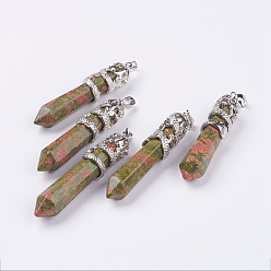 Unakite Natural Unakite Big Pointed Pendants, with Alloy Findings, Faceted, Bullet, Platinum, 59~63x11~12mm, Hole: 4x7mm