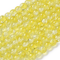 Yellow Baking Painted Crackle Glass Bead Strands, Two Tone, Round, Yellow, 8mm, Hole: 1.3~1.6mm, about 100pcs/strand, 31.4 inch