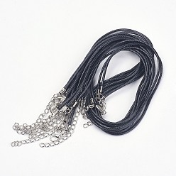 Black Imitation Leather Cord, Black, Platinum Color Iron Clasp and adjustable chain, for DIY Jewelry Crafting, Black, 17 inch, 2mm