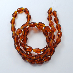 Saddle Brown Glass Beads Strands, Faceted, Drop, Saddle Brown, 11x8mm, Hole: 1mm, about 57~59pcs/strand, 26.38~26.77 inch