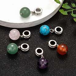 Mixed Stone Large Hole Alloy European Dangle Charms, with Round Gemstone Pendants, Mixed Stone, 23mm, Hole: 5mm