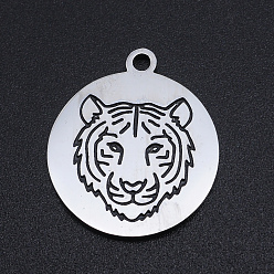 Stainless Steel Color 201 Stainless Steel Etched Pendants, Flat Round with Tiger, Stainless Steel Color, 22x19x1.5mm, Hole: 1.8mm