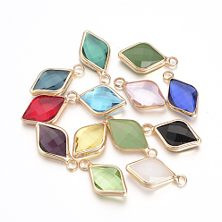 Mixed Color Glass Pendants, with Brass Findings, Faceted, Rhombus, Nickel Free, Raw(Unplated), Mixed Color, 18x10x4.5mm, Hole: 2mm
