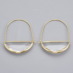 Clear Brass Hoop Earrings, with Glass, Nickel Free, Real 18K Gold Plated, Faceted, Half Round, Clear, 44mm, Pin: 0.8mm