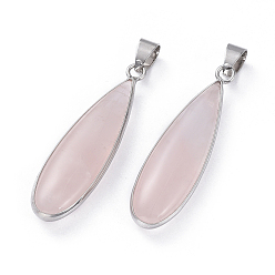 Rose Quartz Natural Rose Quartz Pendants, with Platinum Plated Brass Findings, Teardrop, 38.5~39x11x6mm, Hole: 6.5x4mm