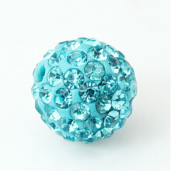Aquamarine Polymer Clay Rhinestone Beads, Pave Disco Ball Beads, Grade A, Half Drilled, Round, Aquamarine, PP9(1.5.~1.6mm), 6mm, Hole: 1.2mm