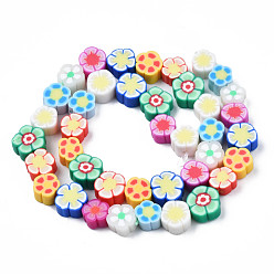 Mixed Color Handmade Polymer Clay Bead Strands, Flower, Mixed Color, 6.5~10x7~10.5x4~5mm, Hole: 1.6mm, about 40pcs/strand, 11.61 inch~13.19 inch(29.5~33.5cm)