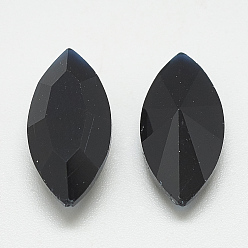 Jet Pointed Back Glass Rhinestone Cabochons, Faceted, Horse Eye, Jet, 12x6x3.5mm