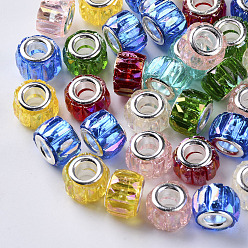 Mixed Color Transparent Resin European Beads, Large Hole Beads, with Silver Color Plated Double Brass Cores, Faceted, AB Color Plated, Column, Mixed Color, 11.5x8mm, Hole: 5mm