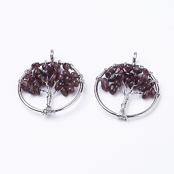 Garnet Natural Garnet Pendants, with Brass Findings, Flat Round with Tree of Life, Platinum, 29x5~7mm, Hole: 4.5mm