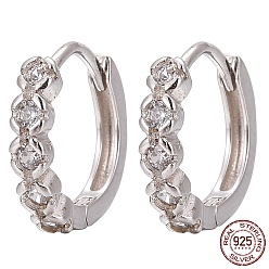 Platinum Rhodium Plated 925 Sterling Silver Hoop Earring, with Micro Pave Clear Cubic Zirconia, Flower, Platinum, 11x2mm, Pin: 0.6mm