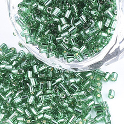 Sea Green Grade A Glass Seed Beads, Hexagon(Two Cut), Silver Lined, Sea Green, 1.5~2.5x1.5~2mm, Hole: 0.8mm, about 2100pcs/bag, 450g/bag