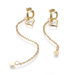 Golden 304 Stainless Steel Stud Earrings, Hypoallergenic Earrings, Asymmetrical Earrings, with Cable Chains and Ear Nuts, Heart, Golden, 90mm and 50mm, Pin: 0.6mm
