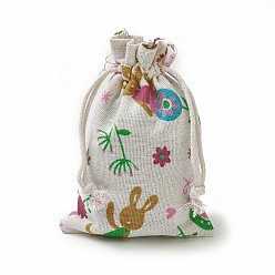 Colorful Bunny Burlap Packing Pouches, Drawstring Bags, Rectangle with Rabbit & Flower Pattern, Colorful, 14~14.4x10~10.2cm